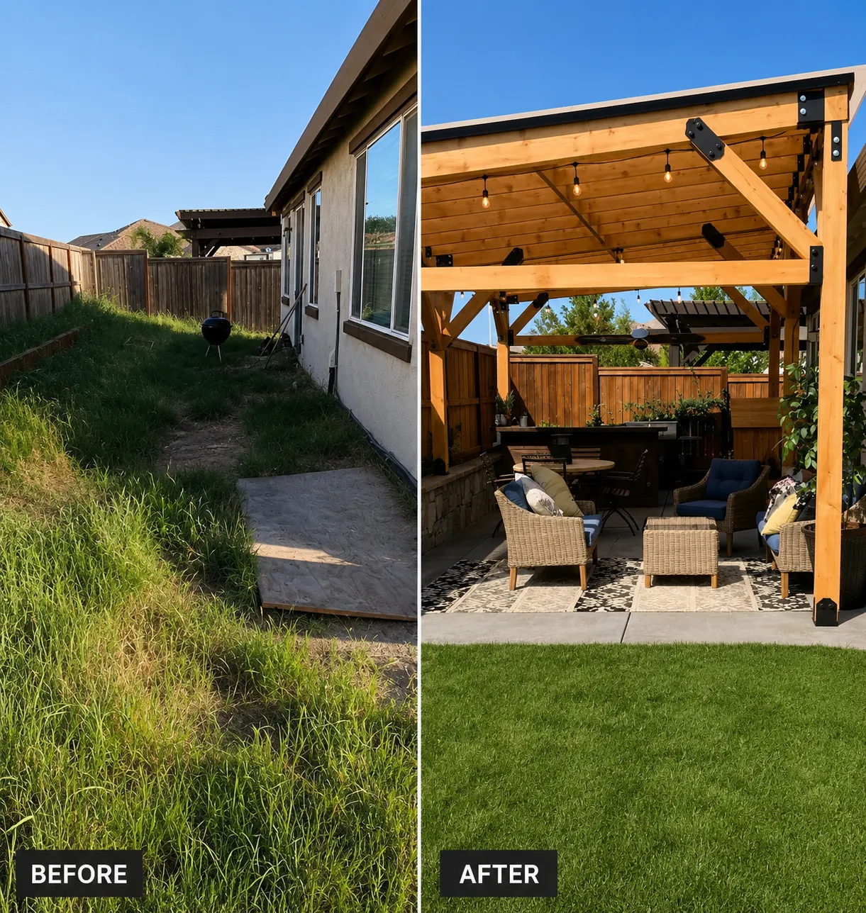 Before and after Side yard transformed into a covered lounge with cedar pergola and string lighting — deck and outdoor living project in Houston, TX