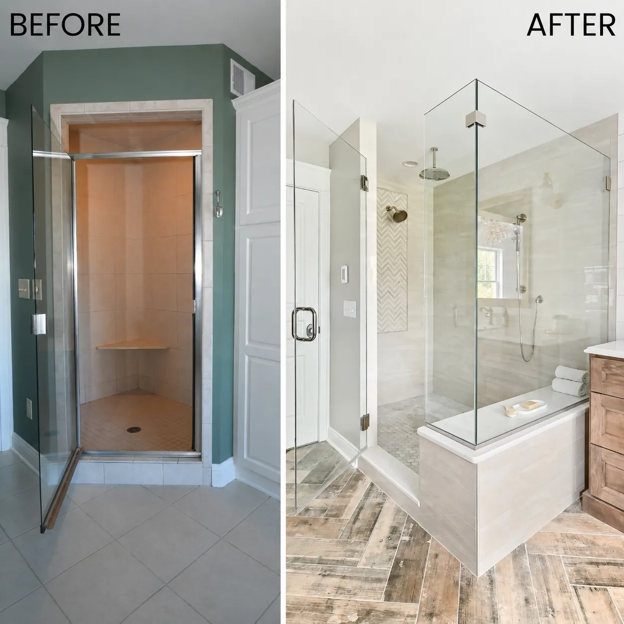 Before and after Master shower remodel — frameless glass, rain head & wood-look flooring — bathroom remodeling project in Houston, TX