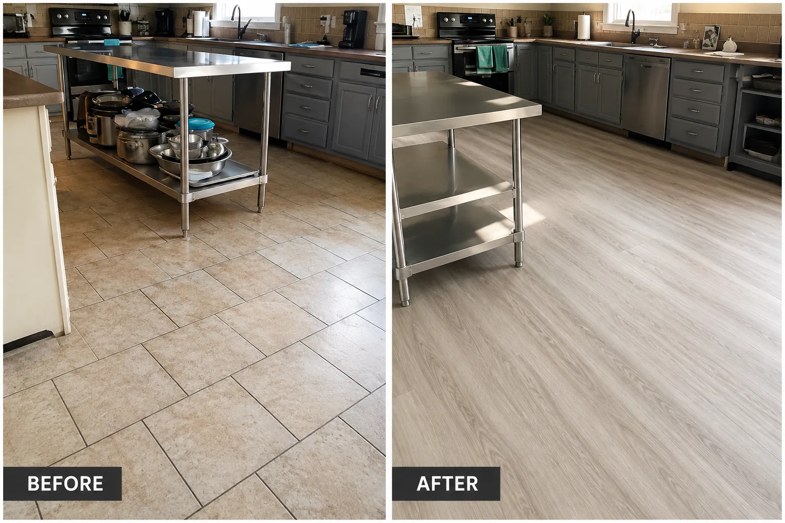 Before and after Kitchen — worn tile swapped for waterproof luxury vinyl plank — flooring installation project in Houston, TX
