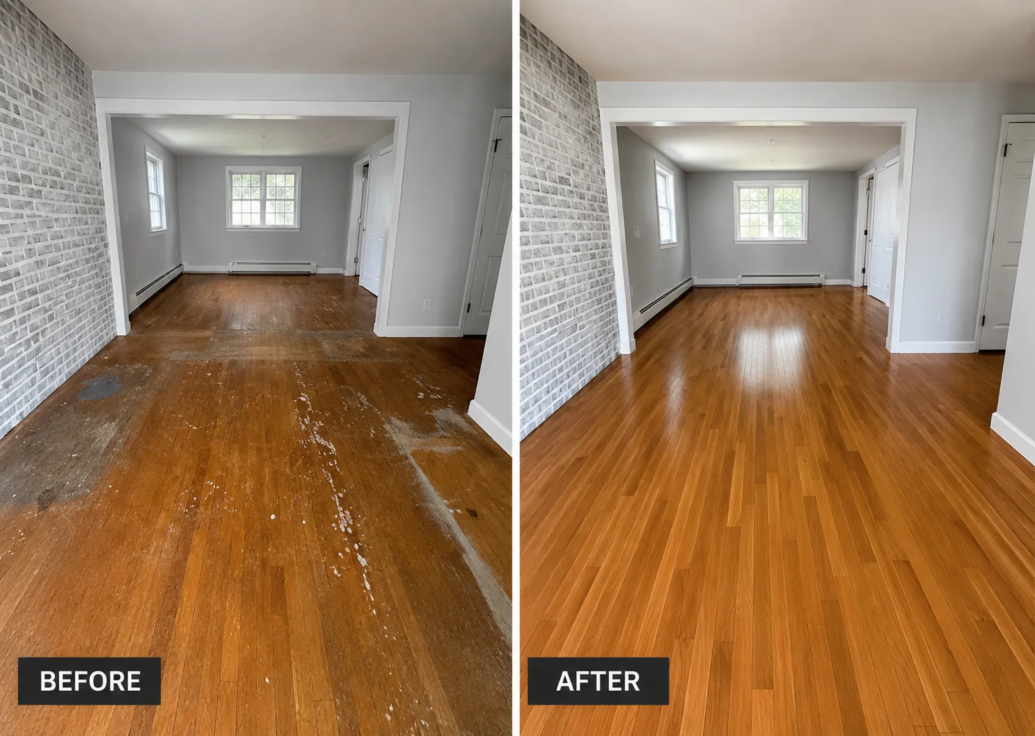 Before and after Living room — stained and damaged hardwood fully restored — flooring installation project in Houston, TX