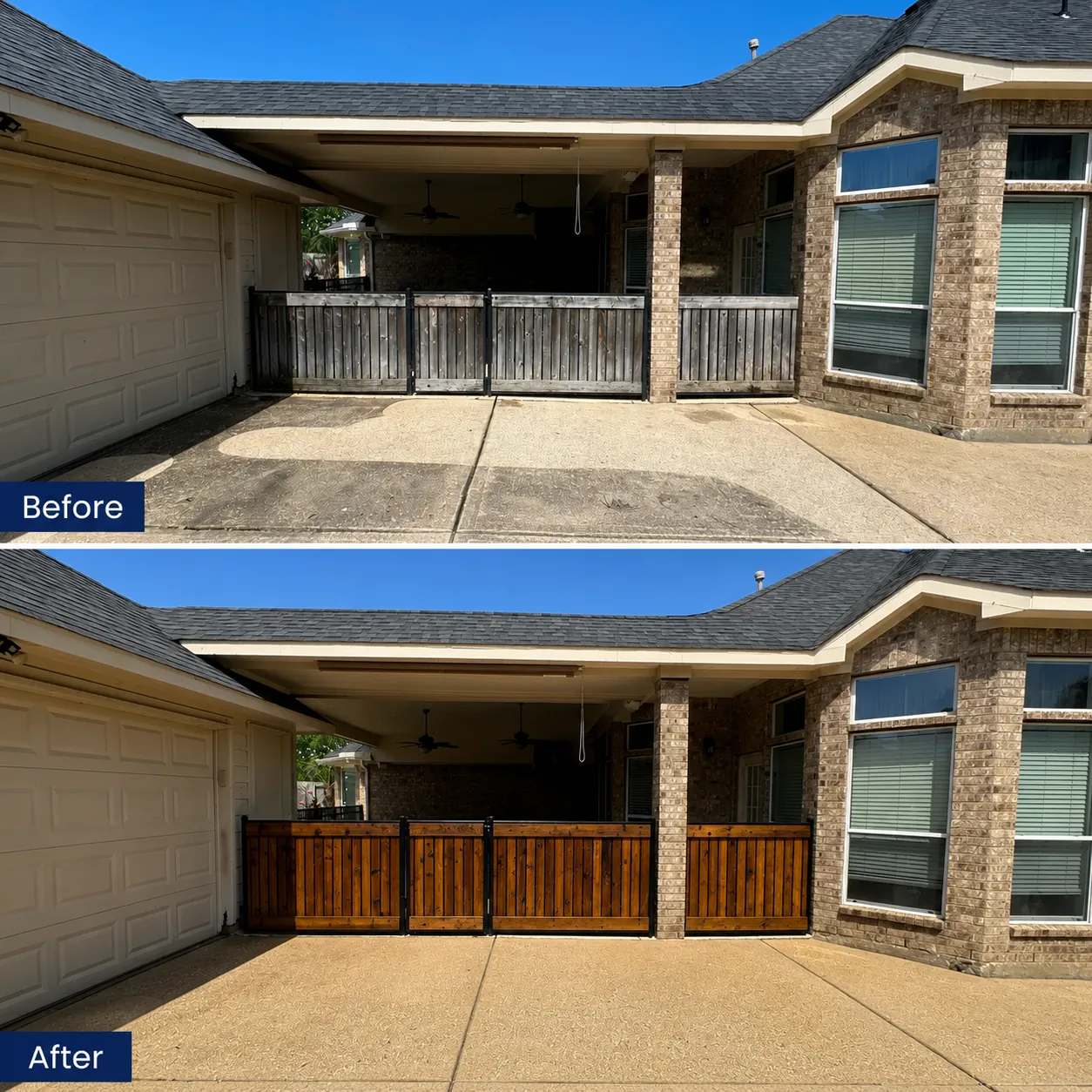 Before and after Weathered privacy fence rebuilt and stained for a rich, uniform finish — deck and outdoor living project in Houston, TX