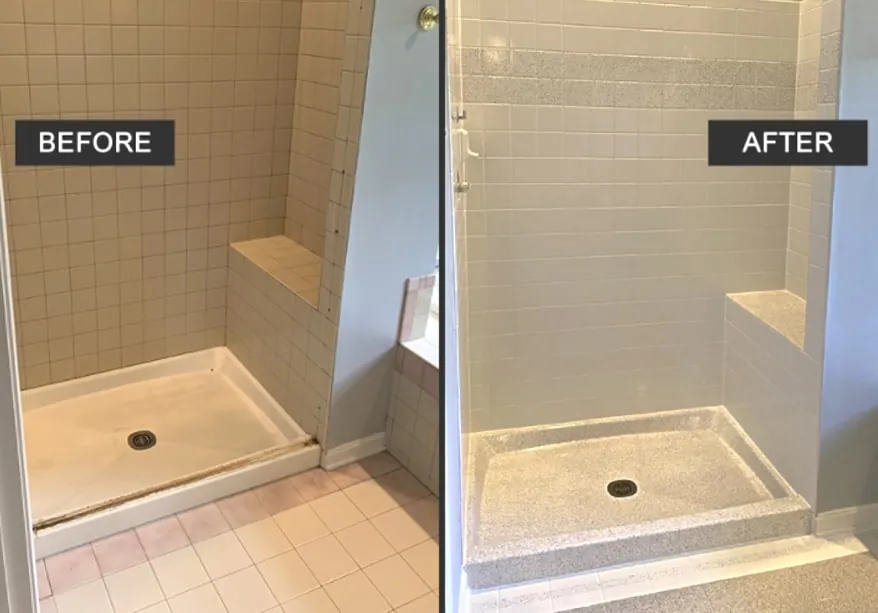 Before and after Shower refinish — fresh pan and clean, bright stone finish — bathroom remodeling project in Houston, TX
