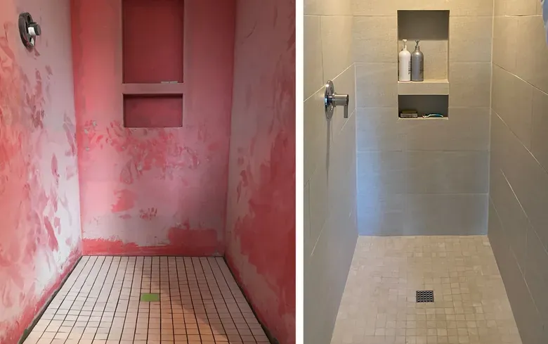 Before and after Walk-in shower remodel — large-format tile with built-in niche — bathroom remodeling project in Houston, TX