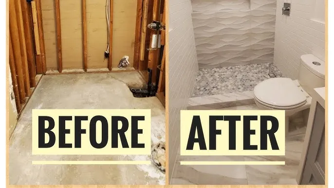 Before and after Full bathroom build-out — subway tile shower and modern fixtures — bathroom remodeling project in Houston, TX