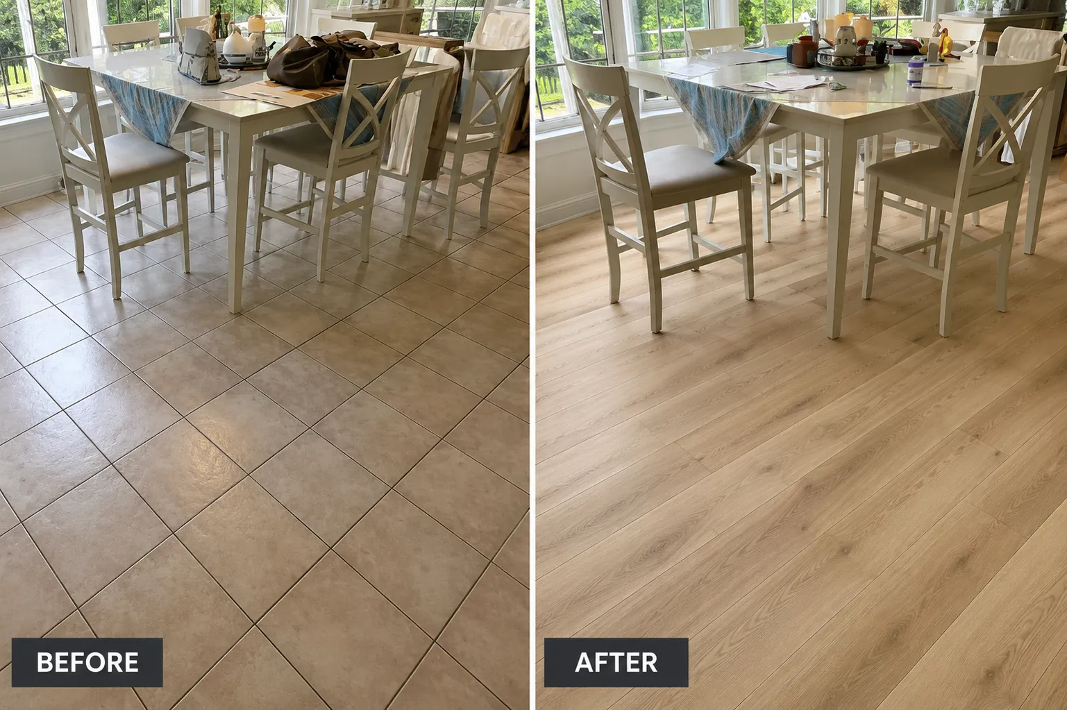 Before and after Dining area — dated tile replaced with wide-plank light oak LVP — flooring installation project in Houston, TX