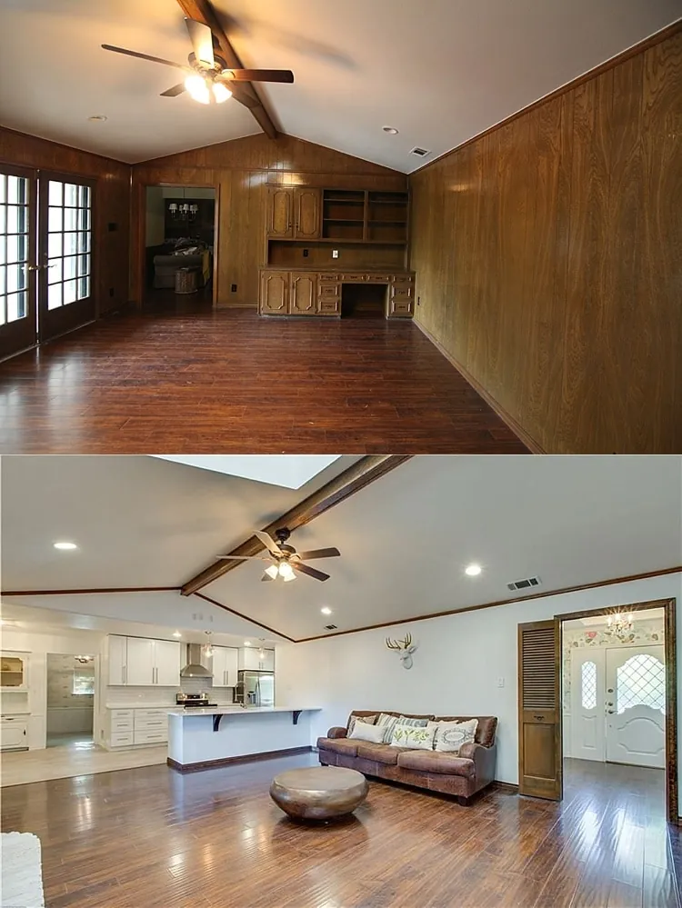 Before and after Living & kitchen transformation — opened layout with modern finishes — kitchen remodeling project in Houston, TX