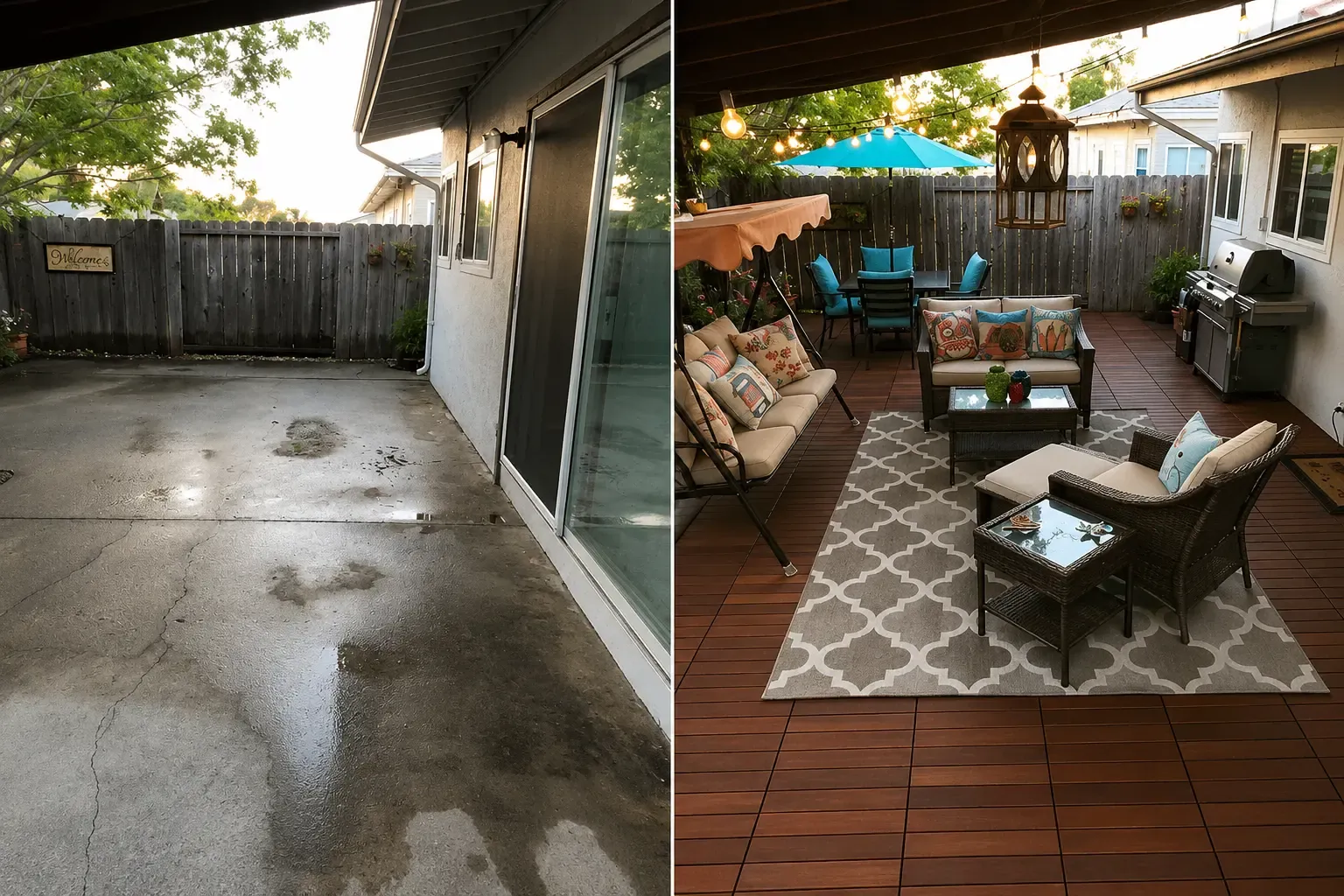 Before and after Cracked concrete patio resurfaced into a warm hardwood-tile outdoor living room — deck and outdoor living project in Houston, TX