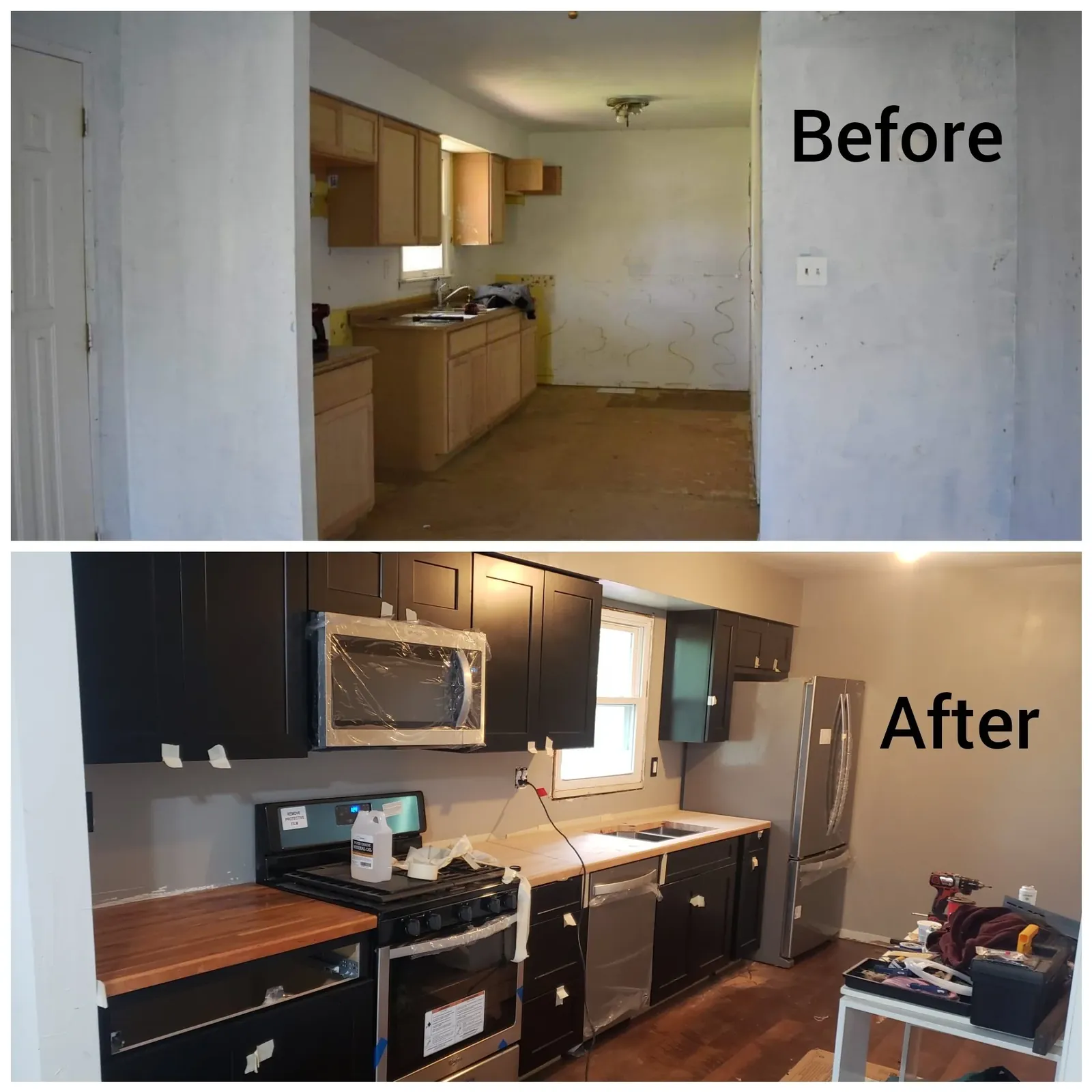 Before and after Full kitchen rebuild — new cabinets, appliances & flooring — kitchen remodeling project in Houston, TX