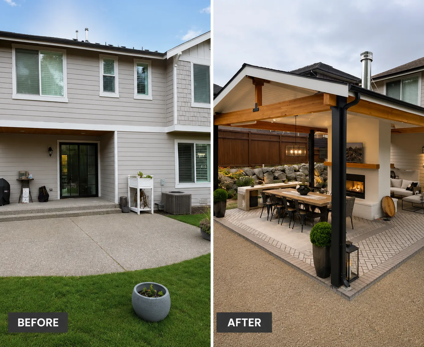 Before and after Open patio converted into a covered outdoor kitchen and dining space — deck and outdoor living project in Houston, TX