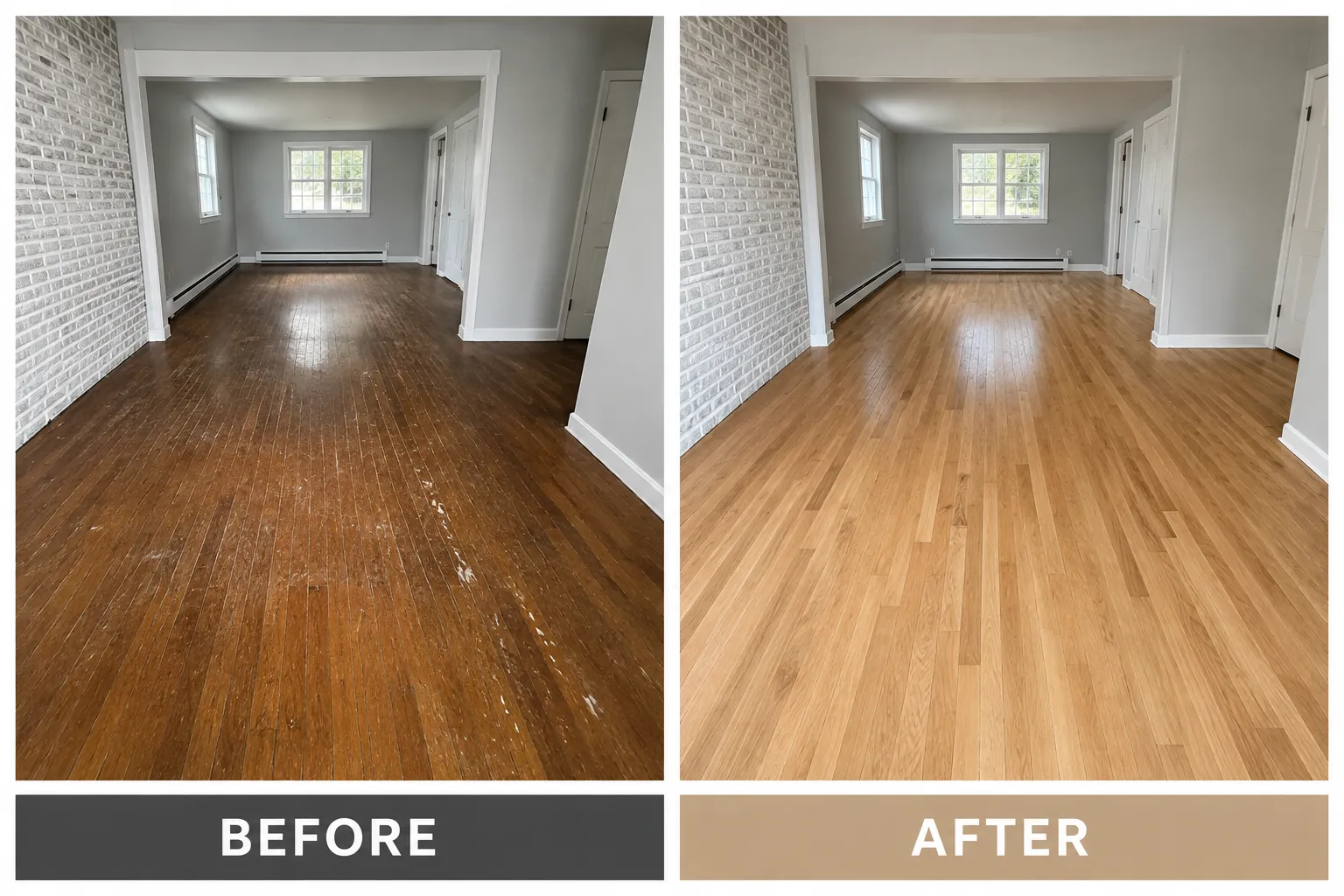 Before and after Full-room refinish — sanded and resealed to a natural oak finish — flooring installation project in Houston, TX