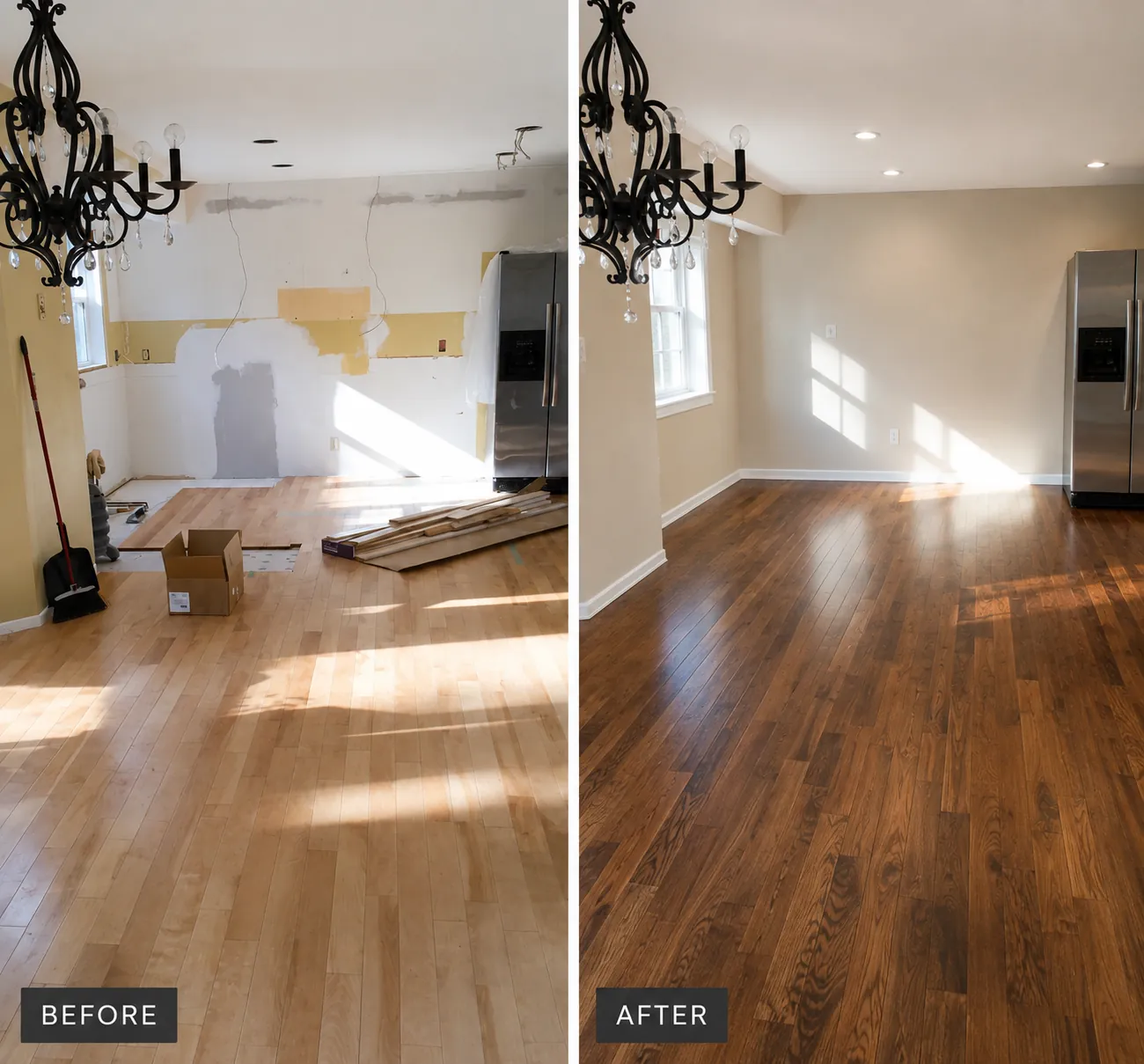 Before and after Open living space — refinished hardwood in a rich walnut stain — flooring installation project in Houston, TX